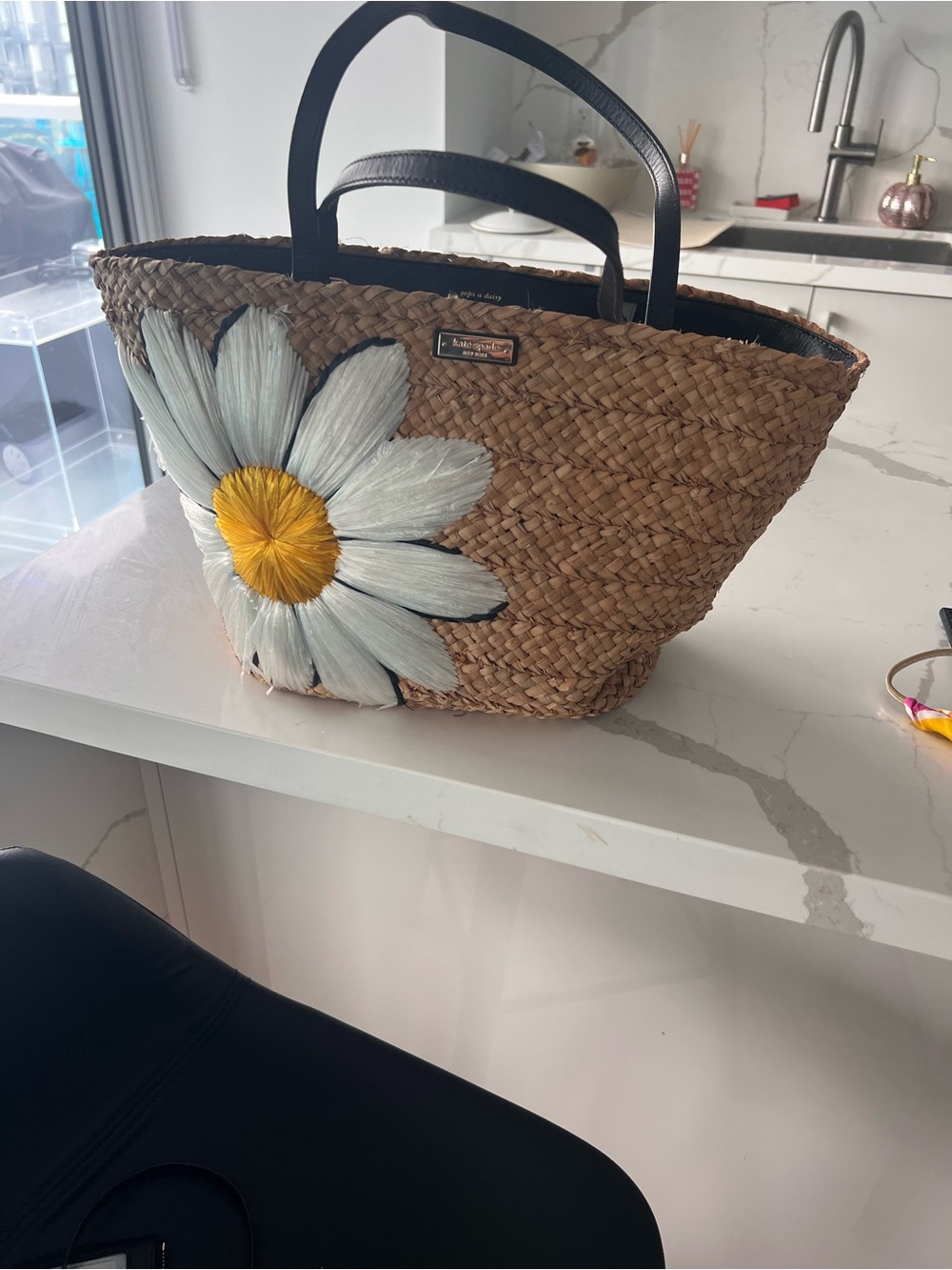 kate spade Straw Tote with White Daisy and Yellow Center